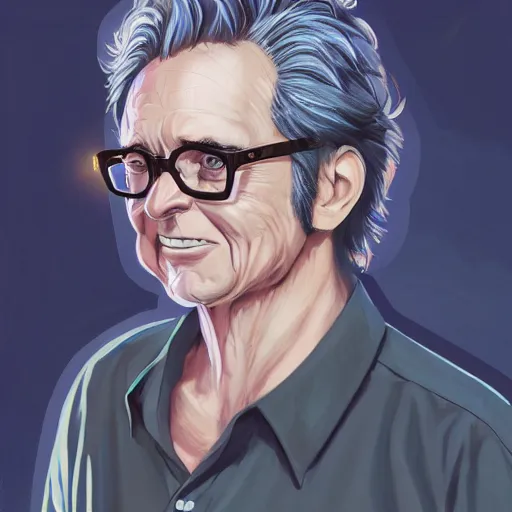 Prompt: Athletic Man in his 80s, dark blond and salt-and-pepper hair with a short beard, thick dark glasses, blue eyes, big nose, wearing stripe shirt, jean and multicolor shoes, digital painting, 4k, anime key visual, rays of light, artstation, kuvshinov ilya, landscape by Noah Bradley