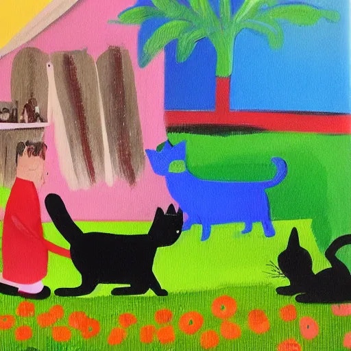 Image similar to a bay play with a cat and a dog in a garden with a mother acrylic paint