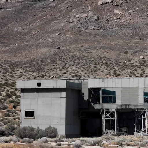 Prompt: an abandoned and destroyed black mesa research facility