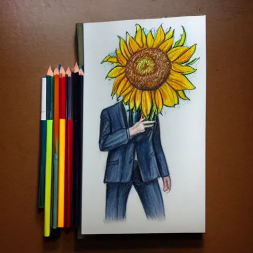 Image similar to man with a sunflower instead of a head wearing a business suit, color pencil sketch