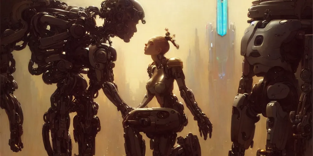 Image similar to male cyborg proposing to female android, by gaston bussiere, anna nikonova aka newmilky, greg rutkowski, yoji shinkawa, yoshitaka amano, tsutomu nihei, muira, moebius, donato giancola, trending on artstation, featured on pixiv h - 1 0 2 4