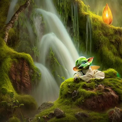 Image similar to tom bagshaw, beautiful kawai miniature baby yoda posing, mythical shrine, soft painting render curiosities carnival pond river vegetation rocks bugs wildlife mushrooms covered moss bioluminescent wisps, beautiful stunning waterfall, accurate features, focus, very intricate ultrafine details, random volumetric lighting, fog, award winning masterpiece, octane render 8 k hd, artstation