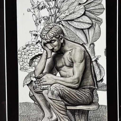 Image similar to botanical sketch, The thinker sculpture, in the style of William Bartram with mushrooms and peyote at the base, high detail, b&w,