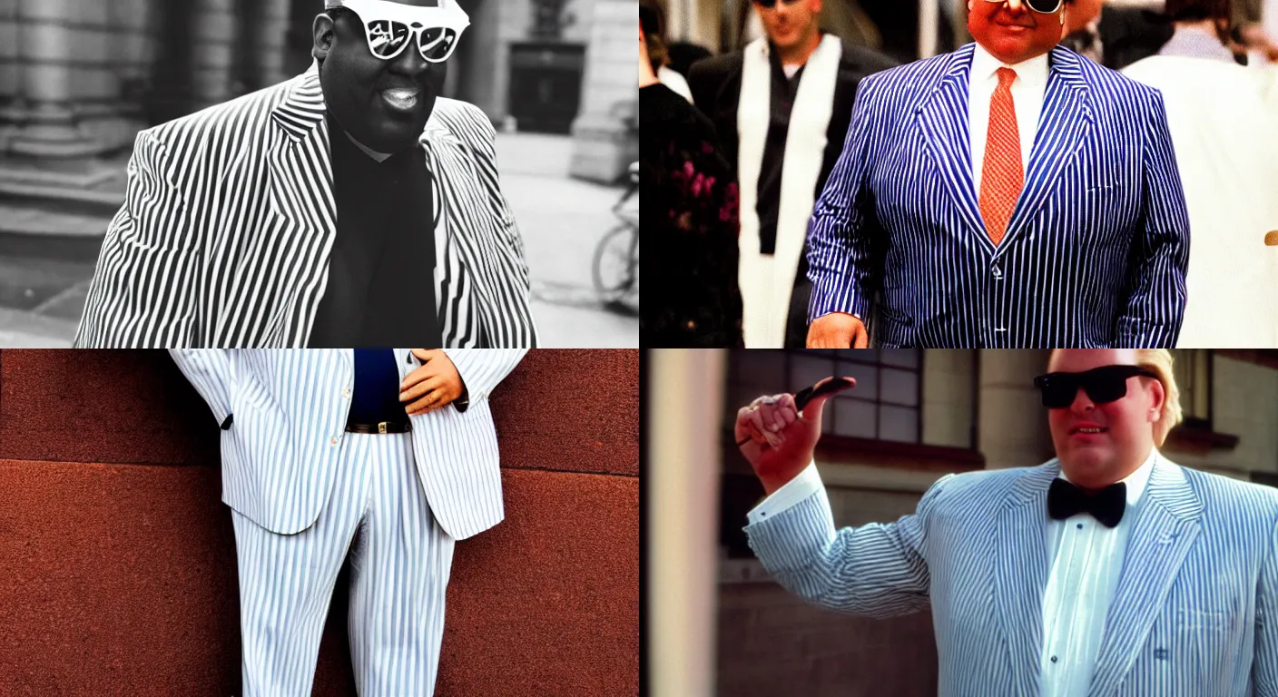 Prompt: a large man in a white pinstriped suit, sunglasses, garish, 8 0 s fashion