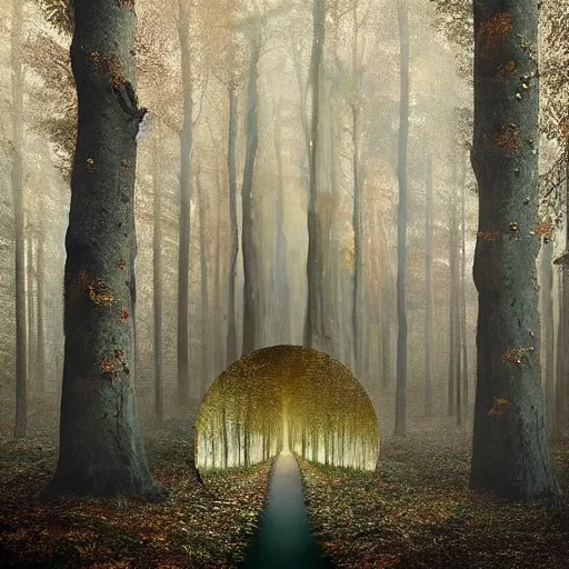 Image similar to heroinchic immaculate painting of A Beautiful fine detailed Forest Illusion by erik johansson with specular highlights with hints of gold and diamonds and pearls in various flavours, micro detailing populated by organic crystals