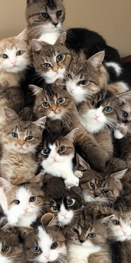 Prompt: a stack of cats curled up atop one another. a furry tower of cuddliness. cat cooperation.