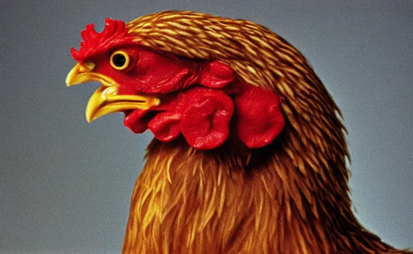 Prompt: 70s movie still full-lenght portrait of a chicken, by Irving Penn, Cinestill 800t 35mm Eastmancolor, heavy grainy picture, very detailed, high quality, 4k, HD criterion, precise texture