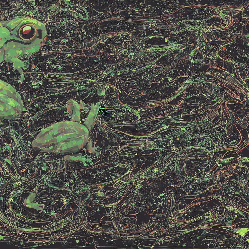 Image similar to toads, big toad, mechanical, technical, abstract, acrylic, oil, circuit board, computers, vektroid album cover, vectors, drips, dimensions, tears, leaks, glitches, frogs, amphibians, geometry, data, datamosh, motherboard, minimal, code, cybernetic, painting, dark, eerie, cyber