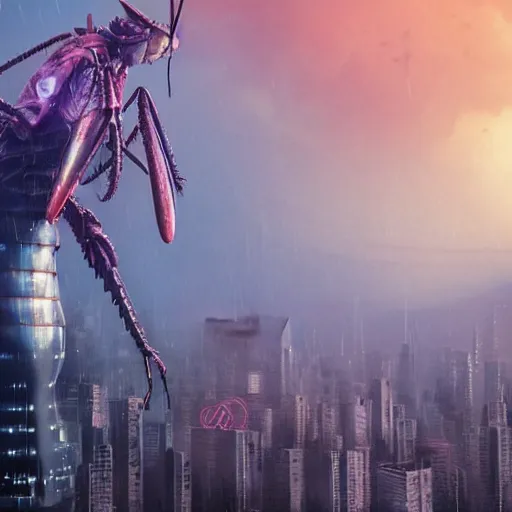 Image similar to a mantis kaiju with spread wings attacking a city, legendary epic shot, blade runner, low camera angle, dawn, by artgerm, ed repka, cloverfield movie, julie bell, beeple and Greg Rutkowski, airbrush, science fantasy, 50s, concept art, matte painting, Smooth gradients, octane render, 8k, High contrast, duo tone, depth of field, volumetric lightning, very coherent artwork