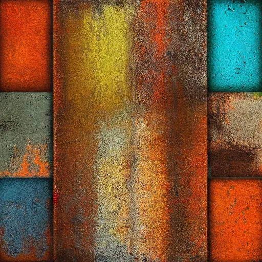 Image similar to large squares of different colors, rust texture, detailed