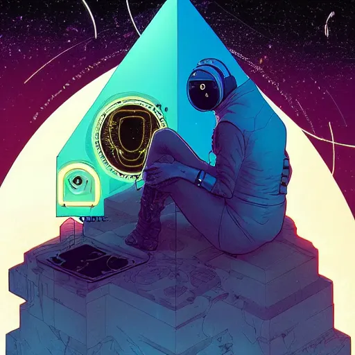 Image similar to a cyberpunk explorer meditating next to a floating triangular glowing monolith with one eye, highly detailed, midnight, by josan gonzalez and victo ngai and moebius