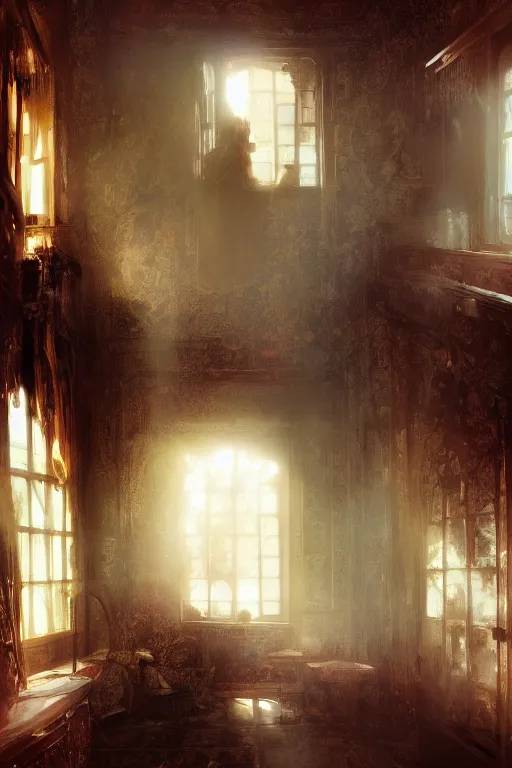 Image similar to inside an old house, intricate, elegant, volumetric lighting, scenery, digital painting, highly detailed, artstation, sharp focus, illustration, concept art,ruan jia, steve mccurry