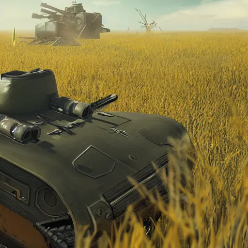 Prompt: a high resolution very detailed image of a 2 in russian tank boss fight from nier : automata in yellow rye field under pure blue skies