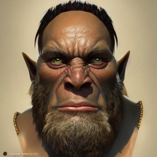 Image similar to Three quarters portrait of a orc, highly detailed, digital painting, art by Stanley Lau and Artgerm and Greg Rutkowski and Alphonse Mucha, artstation, octane render, cgsociety