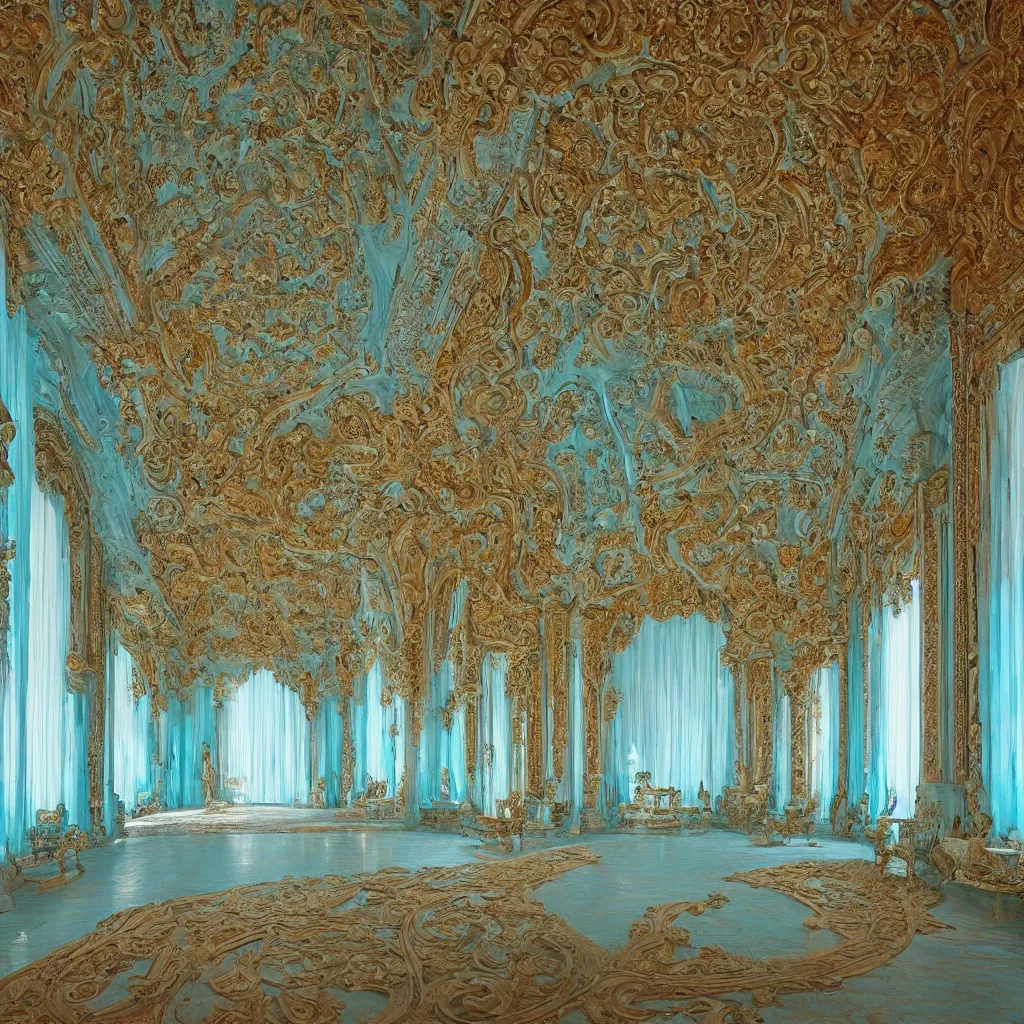 Prompt: large palace room intricately carved from aquamarine, windowless, dimly lit with sunlight filtering through the walls