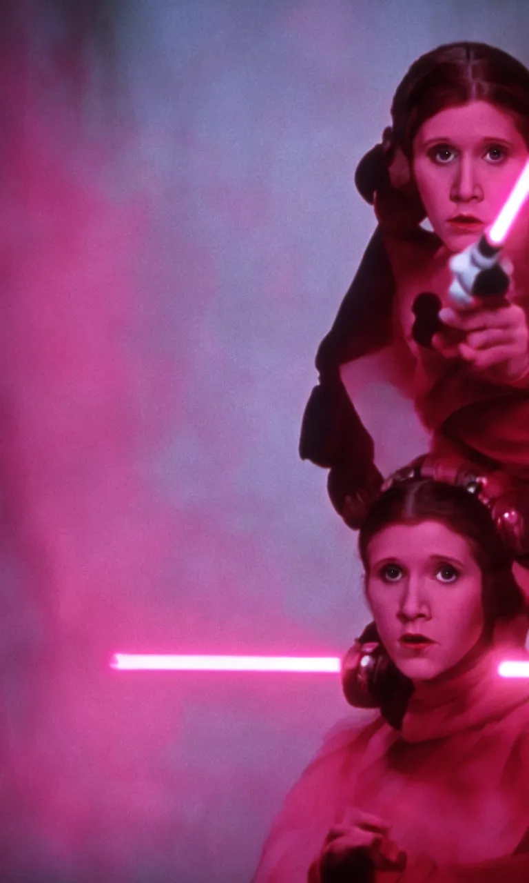 Image similar to Young Carrie Fisher as Princess Leia wielding a fuchsia light saber, ambient lighting, 8k, 35mm film still from Star Wars