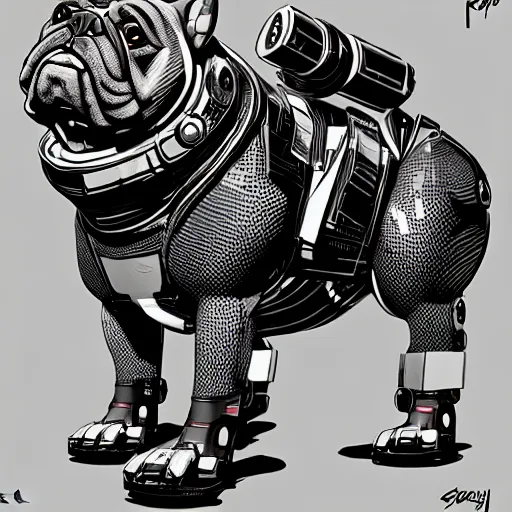 Prompt: « a comic styled cyborg bulldog sitting down, cyberpunk digital art by greg rutkowsky, illustration, sharp focus, highly detailed, future tech, sketchfab »