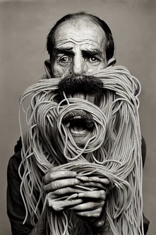 Prompt: extremely detailed portrait of old italian cook, spaghetti mustache, slurping spaghetti, spaghetti in the nostrils, spaghetti hair, spaghetti beard, huge surprised eyes, shocked expression, scarf made from spaghetti, full frame, award winning photo by james van der zee