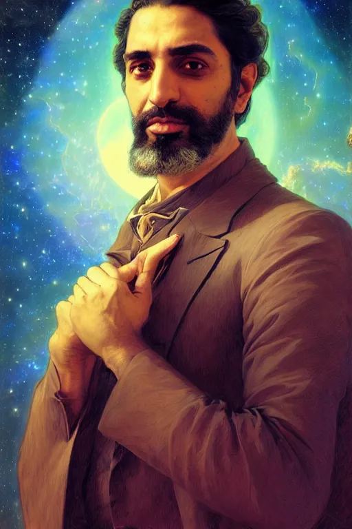 Image similar to portrait of a Persian architect and astronomer, handsome man, heroic pose, Turquoise colors, dramatic lighting, volumetric lighting, intricate, highly detailed, digital painting, artstation, concept art, smooth, sharp focus, illustration, art by artgerm and greg rutkowski and alphonse mucha, footage from space camera