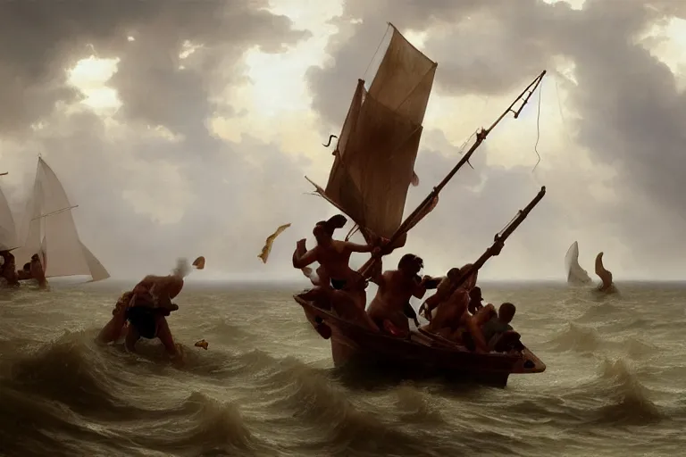 Prompt: ancient historically accurate depiction of Bible Character walking on water during a storm, a small fishing sailboat with scared sailors on board, dramatic lighting by frank miller, illustration by Ruan Jia and Mandy Jurgens and William-Adolphe Bouguereau, Artgerm, 4k, digital art, surreal, space dandy style, highly detailed, godsend, artstation, digital painting, concept art, smooth, sharp focus, illustration by Ruan Jia and Mandy Jurgens and William-Adolphe Bouguereau, Artgerm