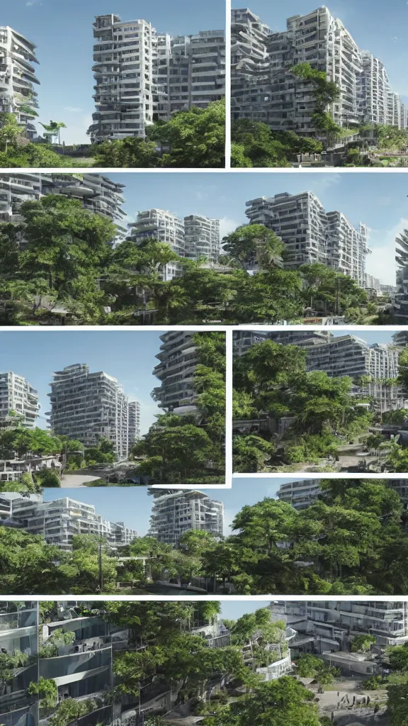 Image similar to 5 - panel comic page layout. crowd talking about sustainable futuristic building in a urban setting. ultrarealistic matte painting on white page. the building has many deep and tall balconies covered in plants and trees. thin random columns, large windows, deep overhangs. plants hang from balconies. greeble articulated details with plants. 8 k, uhd.