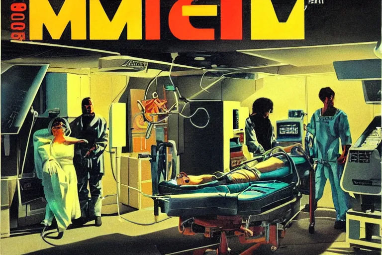 Image similar to 1979 OMNI Magazine Cover depicting a cyberware surgery operating room in a garage Cyberpunk Akira style by Vincent Di Fate