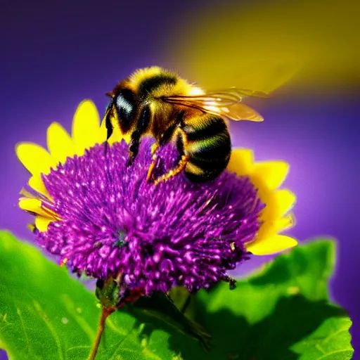 Image similar to cinematic art, 4k, bee on a flower, cinematic lightning, realistic, super detailed