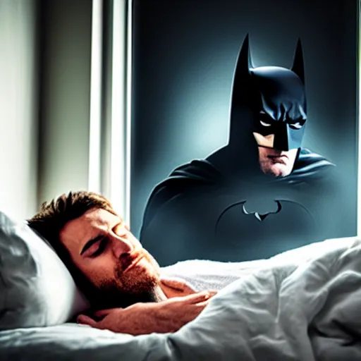 Prompt: man sleeping in bed with hostile batman lurking in the window.