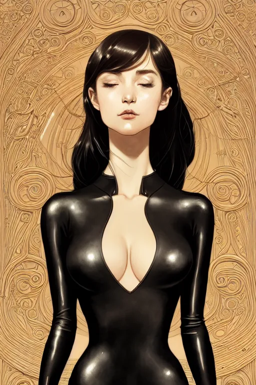 Prompt: a beautiful exquisite delicate hyperdetailed character design 4 k illustration scene of a petite woman with large brown eyes, long brunette hair, epic composition, wearing a black leather catsuit, fine delicate prefect face, intricate, elegant, narrow hips, small bosoms, style of victo ngai, makoto shinkai, raphael lacoste, artgerm,