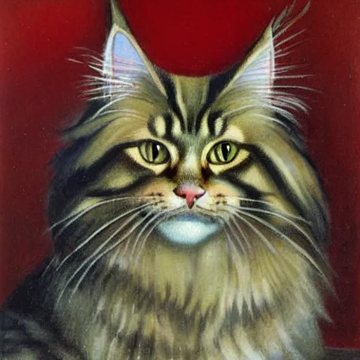 Image similar to soviet painting of ginger maine coon by isaak brodsky, walter womacka, czeslaw znamierowski, vladimir pchelin, kuzma petrov - vodkin, igor berezovsky