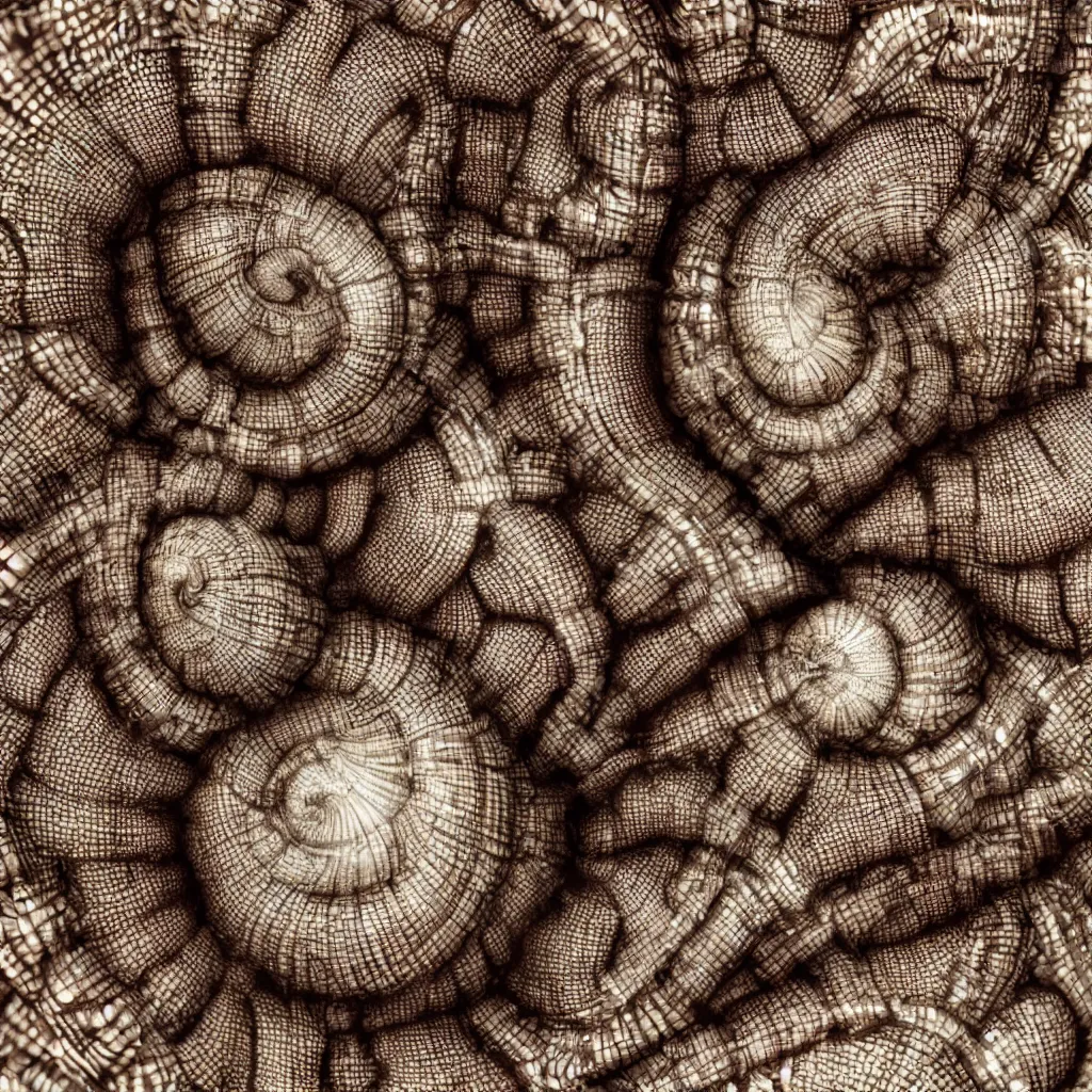 Prompt: macro of geometric complex sea snail by ernst haeckel, closeup, fractal filigram, realistic cinema 4 d render, beach sand background, clear focus, very coherent, very detailed