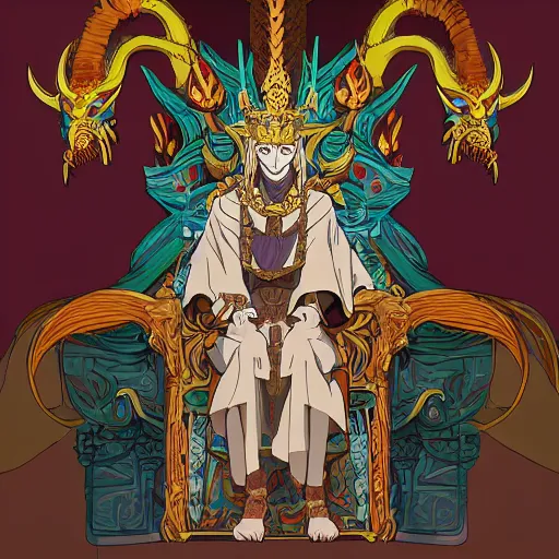 Image similar to concept art painting of a king with ornate robes, a long dragon neck, and horned skull mask, sitting on a throne, anime style, cel shaded, in the style of makoto shinkai and james gurney and studio ghibli and moebius