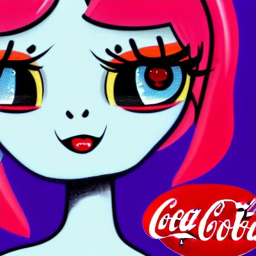 Image similar to the coke logo personified as a cute sprite themed cartoon girl in the style of the youtuber lavender towne, margaret keane style, large creepy eyes, extremely detailed and colorful eyes, digital art, deviant art, soda themed girl, hyper detailed eyes, money sign pupils, tim burton, scratchy lines