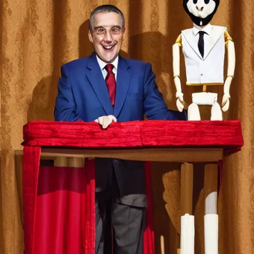 Image similar to puppeteer using marionette of a president in a podium