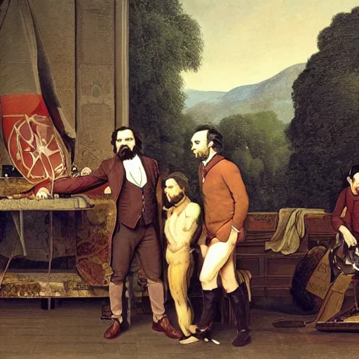 Prompt: the joe rogan podcast with karl marx and elon musk, intricate, highly detailed, digitial painting, art by jacque - louis david