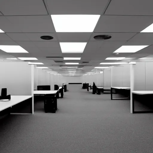 Image similar to an empty office at night, eerie atmosphere, white hue
