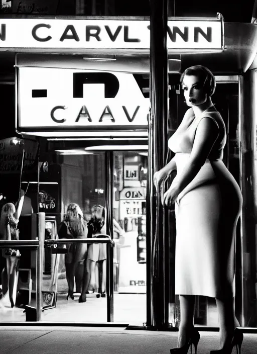 Prompt: a film photography of a joan holloway, curvy, of mad men on madison avenue, new york city. by annie leibovitz. noir style. cinematic. neon lights glow in the background. ilford hp 5 4 0 0, canon eos c 3 0 0, ƒ 1. 8, 3 5 mm, 8 k, medium - format print