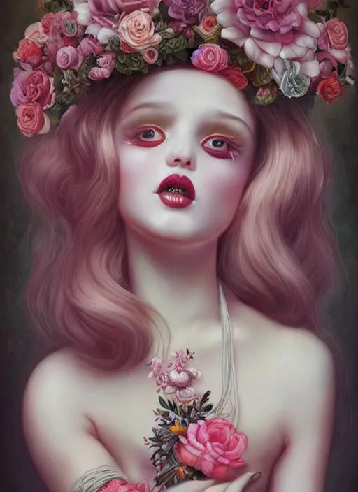 Image similar to pop surrealism, lowbrow art, realistic seductive cute woman painting, pink body harness, long hair, japanese shibari with flowers, hyper realism, muted colours, rococo, natalie shau, loreta lux, tom bagshaw, mark ryden, trevor brown style,