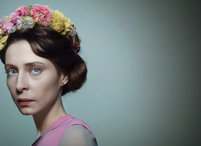 Image similar to cinematic mid shot of a high detail, refined woman's face looking off camera. fine facial features. she stands in an empty, pastel colourful 3 d, forrest scene, shallow depth of field, at the scene of a crime, by jeffrey smart and gregory crewdson and edward hopper, inspired by the grand budapest hotel