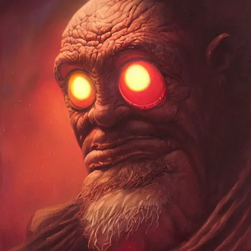 Image similar to head and shoulders portrait of a bloated blind dwarf with glowing red eyesockets, d & d, fantasy, greg rutkowski, frank frazetta, alexandre chaudret, boris vallejo, michael whelan, miro petrov, hr giger, magali villeneuve, donato giancola