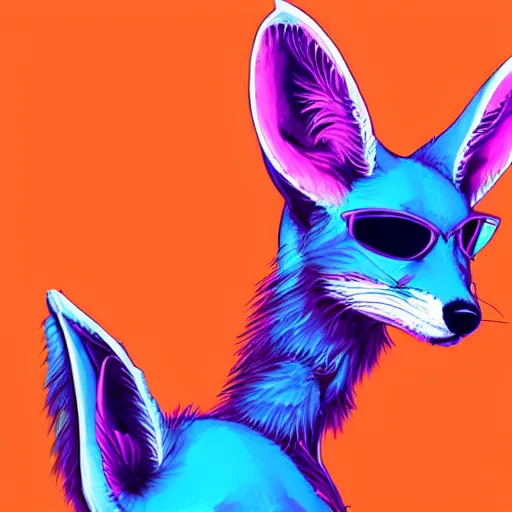 Prompt: Fennec fox, pink and blue mohawk hairstyle, aviator sunglasses, synthwave style, portrait, artstation, detailed, award winning, furry, award winning, eating cheese