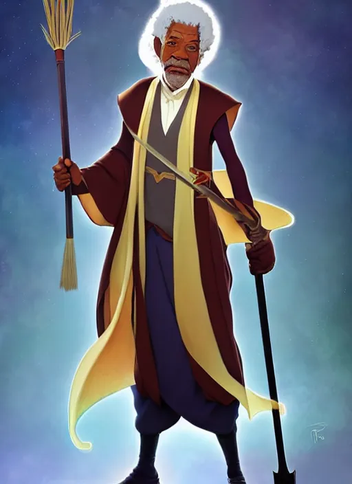 Image similar to elegant fantasy wizard based on morgan freeman holding a broom natural lighting, path traced, highly detailed, high quality, digital painting, by don bluth and ross tran and studio ghibli and alphonse mucha, artgerm