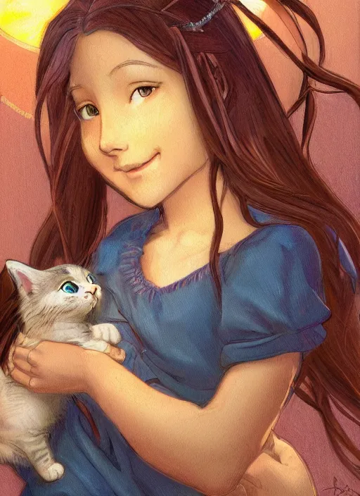 Image similar to well - lit art nouveau portrait of a 1 3 - year old girl playing with a kitten at sunset, natural lighting, path traced, highly detailed, high quality, cartoon, digital painting, by don bluth and ross tran and studio ghibli