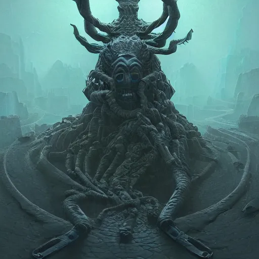 Prompt: arachnid god of the netherworld in the style of michael whelan and h. p. lovecraft. hyperdetailed photorealism by greg rutkowski. 1 0 8 megapixels, 3 d finalrender, cinematic lighting.