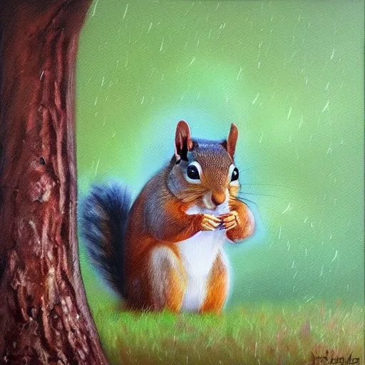 Prompt: a squirrel hiding from the rain under a mushroom, artstationhq, trending on artstation, oil painting