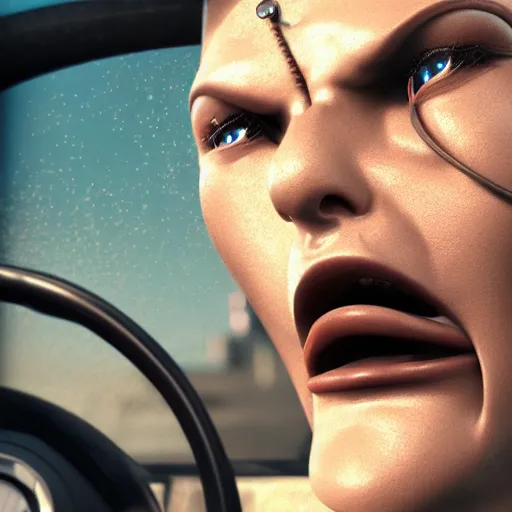 Image similar to close up picture of an angry (((driver))) holding the steering wheel, very vey very detailed face, octane render, trending on artstation, steampunk art