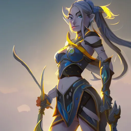 Image similar to a night elf girl with grey skin, yellow eyes and hair, ponytail, wearing armor, highly detailed, digital painting, artstation, matte, by makoto shinkai, animation style