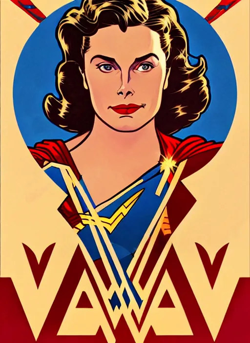 Prompt: well - lit art nouveau portrait of ingrid bergman as wonder woman in the poster for the 1 9 4 8 film'wonder woman versus the robots '. beautiful. powerful, natural lighting, path traced, highly detailed, high quality, cartoon, digital painting, by don bluth and ross tran and studio ghibli and alphonse mucha