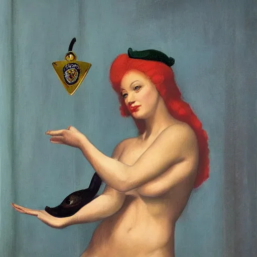 Image similar to an exotic dancer shows you her police badge by Raphael, Hopper, and Rene Magritte. detailed, romantic, enchanting, trending on artstation.