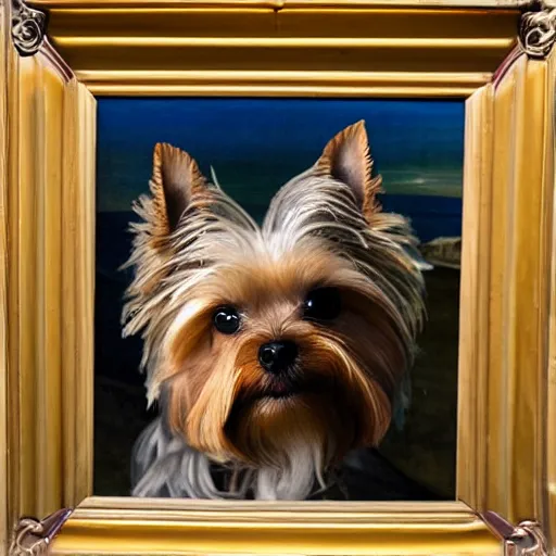 Image similar to Yorkshire Terrier under a rainbow in Santorini in the style of Lady with an Ermine, head and shoulders portrait, stormy weather, extremely detailed masterpiece, oil on canvas, low-key neon lighting, artstation, Blade Runner 2049, Roger Deakin’s cinematography, by J. C. Leyendecker and Peter Paul Rubens and Edward Hopper and Michael Sowa,